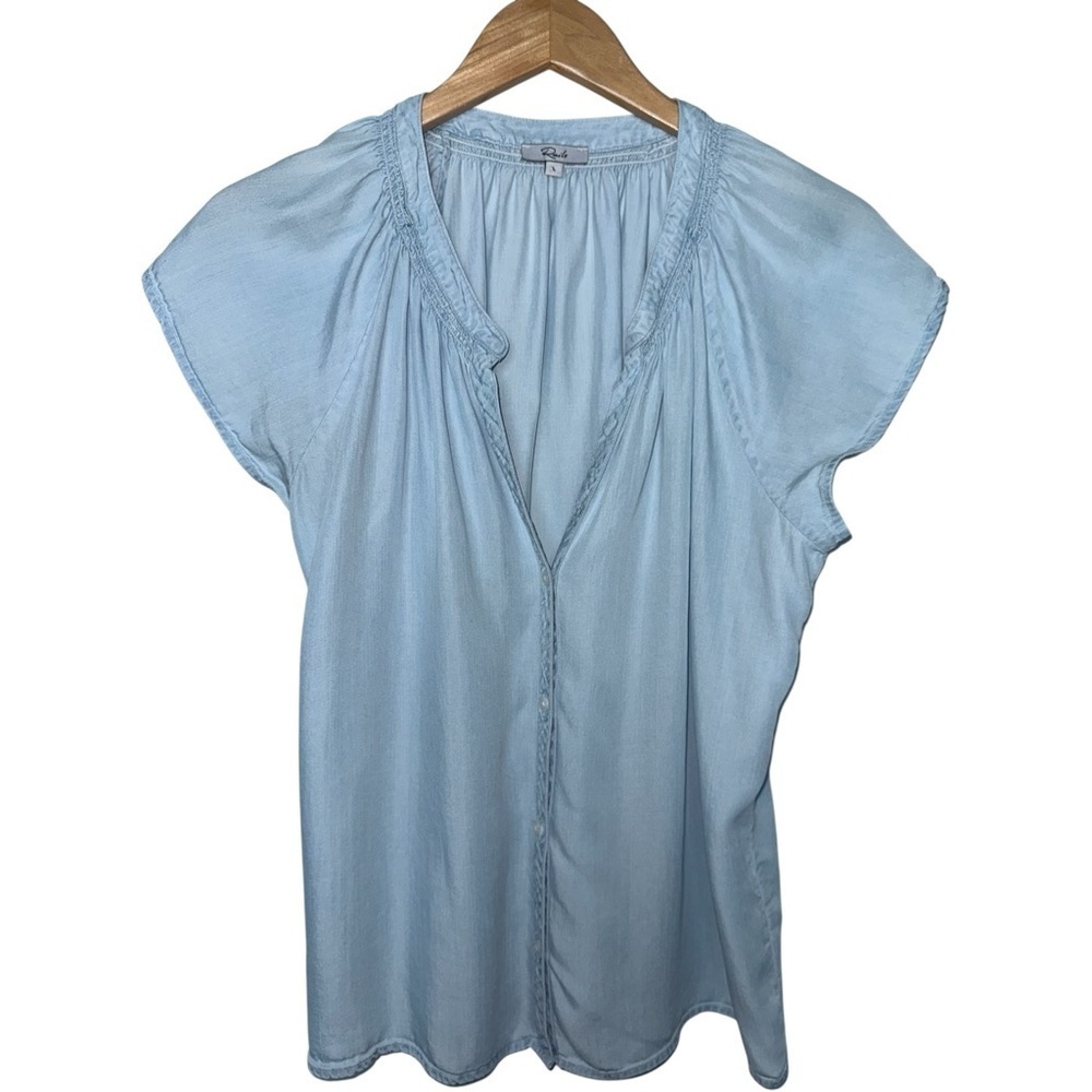 RAILS Alena Flutter Sleeve Chambray Shirt Light Vintage Blue Button Down Large - Picture 2 of 5